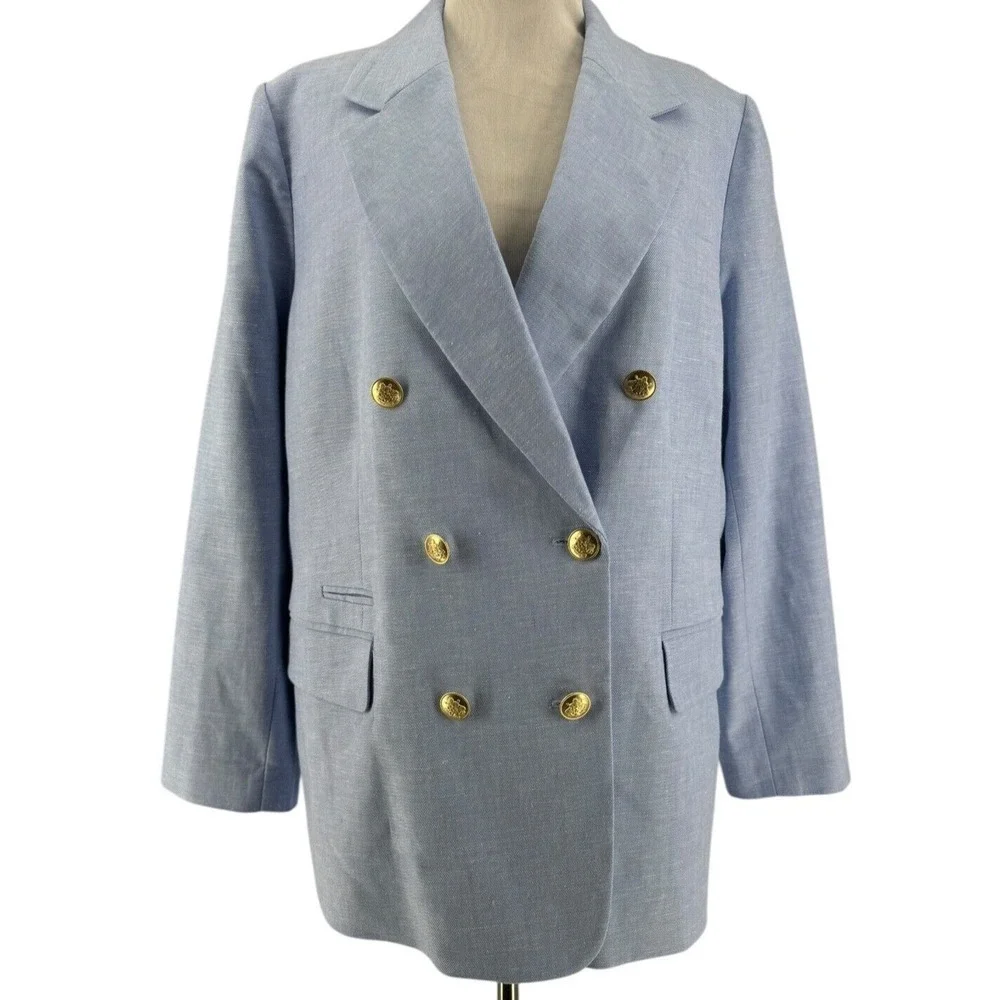 J. Crew Women's Blue Stretch Linen Blend Long Sleeve Bristol Blazer Size 18